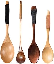 EKdirect 4 Stück Holzlöffel Suppenlöffel Set Lange Griff Kaffee Tee Honig Marmelade Löffel