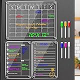 3 Pack Magnetic Acrylic Dry Erase Boards for Fridge – Monthly Calendar, Weekly Planner, to-Do List, Clear Reusable Whiteboard Set with 6 Color Markers for Refrigerator Organization