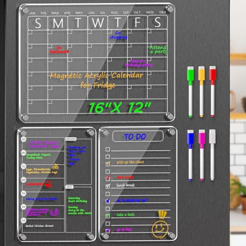 3 Pack Magnetic Acrylic Dry Erase Boards for Fridge – Monthly Calendar, Weekly Planner, to-Do List, Clear Reusable Whiteboard Set with 6 Color Marke