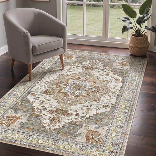 GENIMO Rugs Living Room 120x170 cm Rug Washable Anti Slip Boho Vintage Short Pile Carpet, Easy To Clean, Luxury Persian Area Rugs for Bedroom, Hallway, Lounge, Kids Baby Room,Brick