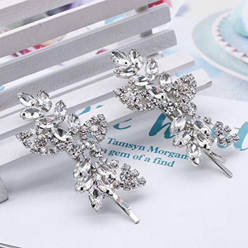 JETEHO 2pcs Leaf Crystal Rhinestone Bridal Hair Clip Bobby Pin Barrettes Hairpin Side Clip Vintage Hair Accessories for Women.
