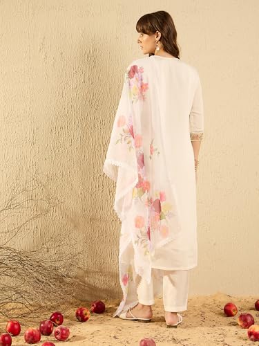 Image of INDO ERA Women's Lavender Silk Blend Embroidered Straight Kurta And Pant With Dupatta Set
