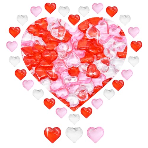 Image of 100 Pcs 3D Acrylic Hearts Ornaments Baubles, Mini Assorted Transparent, Red and Pink Crystals Beads Table Scatter Vase Filler Craft for Valentine's Day, Wedding, Engagement Decorations