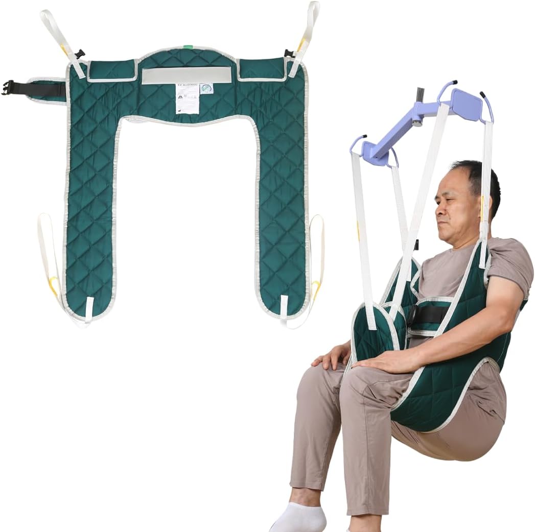 EZ Assistive Patient Lift Sling Professional Hygiene Sling,Medical Commode Patient Lift Aid Transfer Sling,500lbs Capacity(Green, Medium-Sling Without Head Support)