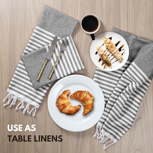 Image of Turkish Kitchen Towels 18x26 Inches with Tassels - 4 Pack - Absorbent, Durable, Soft 100% Cotton Dish Towels for Drying & Cleaning - Machine Washable, Quick Dry - Black