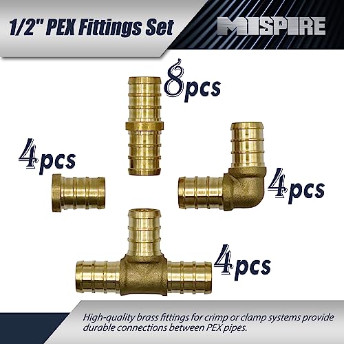Image of PEX Fittings 1 /2 Inch 20-Pack, 8pcs Straight Coupler, 4pcs Elbow, 4pcs TEE and 4pcs End Cap Crimp, PEX Brass Crimp Fitting Combo, No-Lead Brass for PEX Pipe Plumbing Projects by MISPIRE