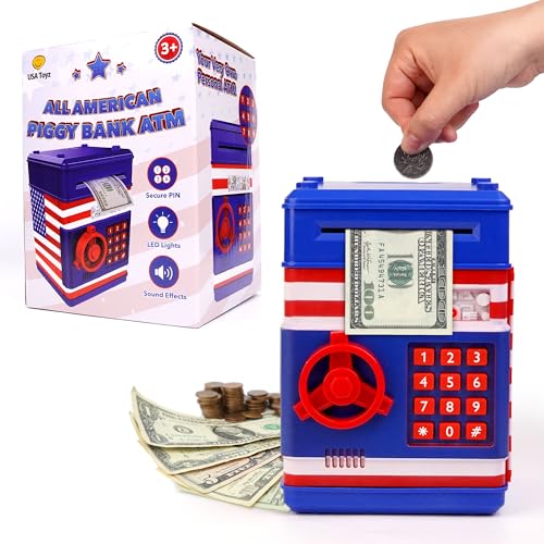 USA Toyz All-American Electronic Piggy Bank for Kids - ATM Kids Money Safe, Coin Bank Savings Box with Auto Bill Feeder Coin Slot, LED Lights, 4-Digit Password, Voice/Beep Modes, Ages 3+