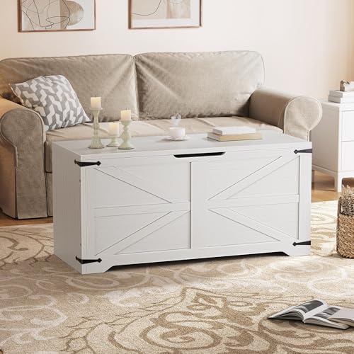 DWVO Storage Bench, 39.4" Farmhouse Storage Chest with 2 Safety Hinges, Wooden Storage Organizer, Shoe Bench for Entryway, Bedroom, Living Room, White