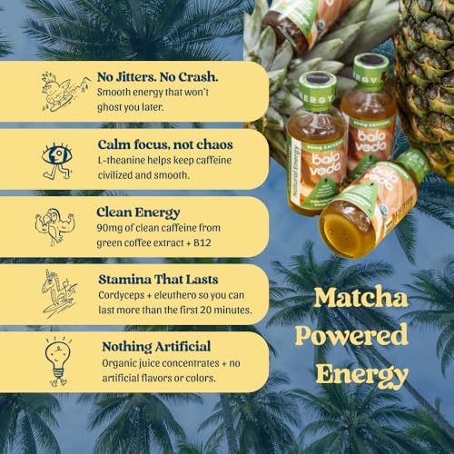 Image of balaveda Tropic Rush Energy Shot, Mint Pineapple, Organic Matcha, 12 Pack | Organic Matcha, L-Theanine, Cordyceps, Eleuthero + Vitamin B12, 2 fl oz Glass Bottles, Pack of 12