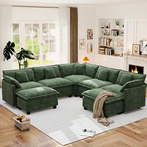 113.8' Modular Sectional Sofa,Cloud Couch for Living Room,Modern Deep Seat Sofa 5 Seater Chenille Fabric Comfy L Shaped Couches with Throw Pillows & Movable Ottoman for Apartment
