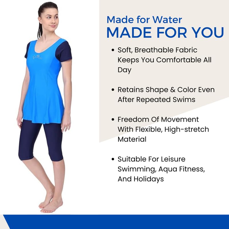 Image of Originals Swimming Costume for Women's One-Piece Beach Wear with Sleeve & Skirted 3 /4 Leggings Maximum Covered Swim Wear Dress (L - 7XL)