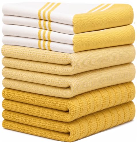Image of Premium Kitchen Towels (20 inchx 28 inch, 6 Pack) | Large Cotton Dish Towels | Flat & Terry Highly Absorbent Kitchen Linen Set with Hanging Loop | Wide Stripe Yellow