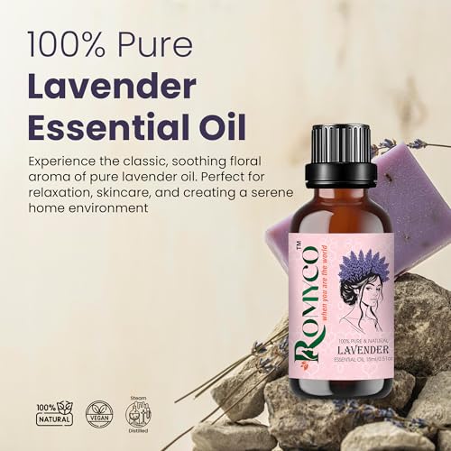 Image of Romyco Lavender Essential Oil 15ml for Long Thick Strong Hair | Soothing Relaxation, Stress Relief & Sleep Support | Shiny Bouncy Hair | Aromatherapy & Diffuser Oil | Pure Natural Undiluted Therapeutic Grade