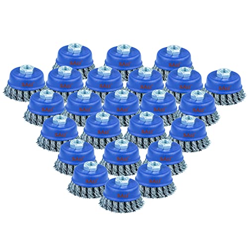 SALI 24 Pack Wire Cup Brush, 3 Inch Twisted Knotted Cup Brush for Grinders, with 5/8-11 Inch Arbor for Heavy Cleaning Rust, Stripping and Abrasive, for Angle Grinder