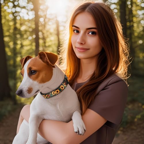 Image of HEELE Dog Collar, Adjustable Soft Dog Collar for Small Medium Large Dogs,Sunflower Floral Patterned Puppy Collars with Quick Release Buckle Sunflower Black S Length 9.84''-14.96'