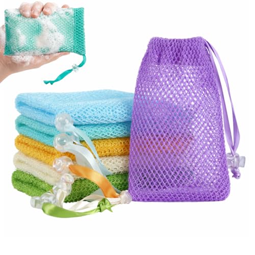 6 Stück Seifensäckchen mit Kordelzug Doppelschichtiger Seifenbeutel für Feste Seife zum Duschen Erzeugt Reichhaltigen Schaum Trocknet Schnell & Spart Seife Ideal für Reisen Camping Fitnessstudi