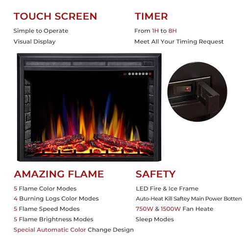 Image of R.W.FLAME 36 inch Electric Fireplace Insert,Recessed Electric Stove Heater, 5 Color Adjustable Flames, 8 H Timer, 5 Brightness Settings, 750 /1500W Touch Screen, Remote Control (36 inch X 27 inch)