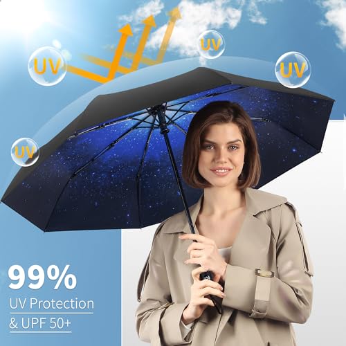 Image of Seniny Windproof Travel Umbrella, Automatic Umbrellas for Rain, Portable & Compact Umbrellas for Backpack, Strong UV for Protection, Folding Small Sun Umbrella for Car, Walking, Coral Pink, 38 inches