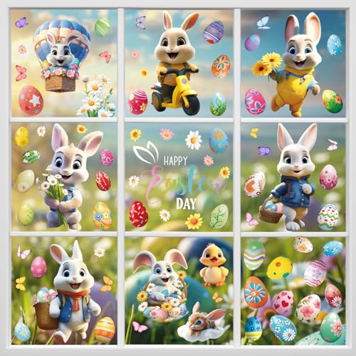 Hianjoo 75 PCS Happy Easter Window Clings, 9 Sheets Easter Egg Bunny Window Clings for Window Decor, Double Sided Easter Decorations with Chick Flower Fox for School Home Office Party Supplies