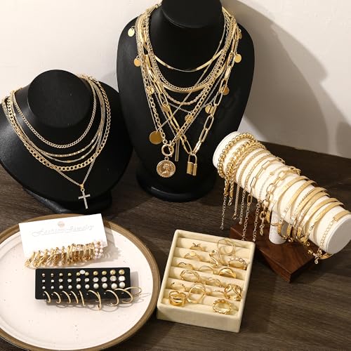 Image of FAXHION 68 Pcs Gold Jewelry Set for Women with 7 Necklace, 17 Bracelet, 5 Hoop Earrings, 15 Stud Earrings, 24 Knuckle Rings for Women Jewelry Set for Women Gift