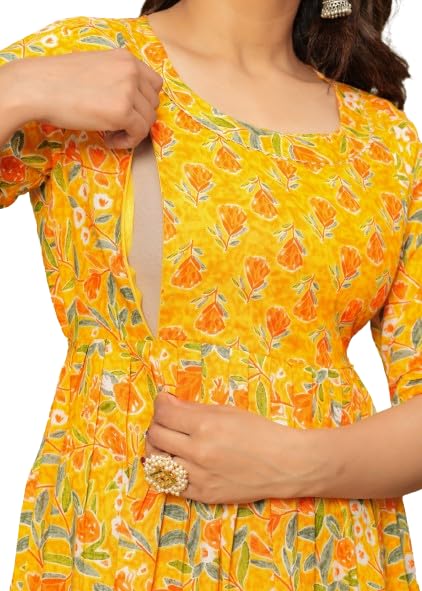 Image of Women's Feeding Kurta Cotton | Floral Anarkali Pregnancy Kurta with Nursing Zipper | Pre & Post Partum | Maternity Dresses | Mom to Be Gift