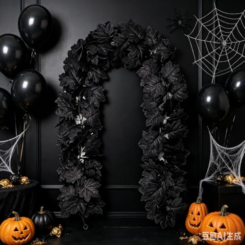 2Pack 5.9FT Artificial Autumn Halloween Garland with Black Maple Leaf (Black) - image 4
