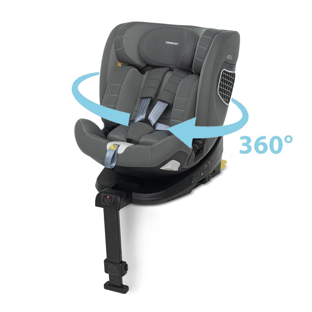 Foppapedretti FP360 I-Size - Asiento de coche giratorio de 360°, para niños de 40 a 150 cm de altura, 0-12 años, cumple con ECE R129, fijación Dualfix (Isofix y no), protección segura del cuerpo, gris
