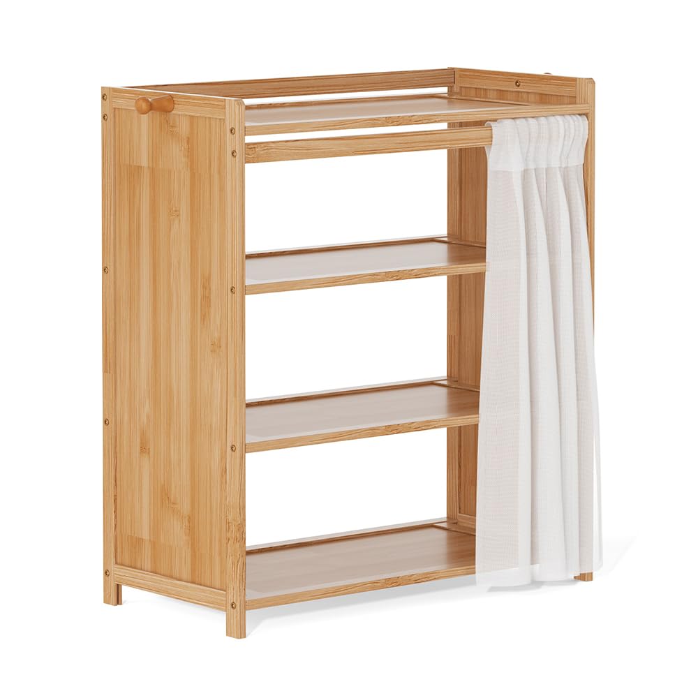 Warmiehomy Bamboo Shoe Rack with Cover, 4 Tier Dustproof