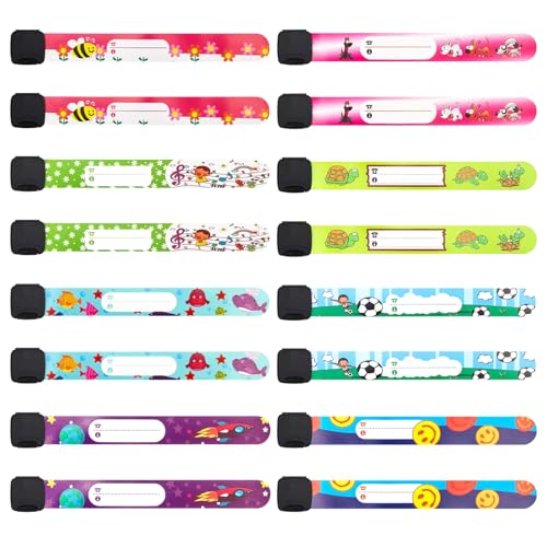 hongliang 16 Pack Child ID Bracelets,Adjustable,Waterproof Safety Wristbands for Children,Reusable Medical for Allergies,Autism & Outdoor Activities (8 Styles)