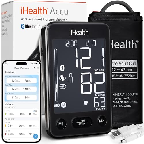 iHealth Accu Blood Pressure Monitor – 4.5" Large LCD, Clinically Accurate, Irregular Heartbeat Alert, Body & Cuff Detection, Bluetooth Sync, Adjustable Large 8.6"–17" Cuff– Easy for Seniors & Adults