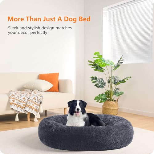 HMTOPE Orthopädisches Hundebett rund Hundekissen Hundesofa Katzenbett Donut Kuscheliges Hundekorb Waschbar, 90 cm Ø, Dunkelgrau