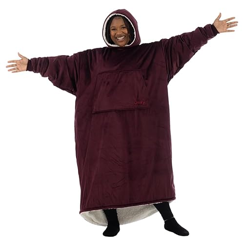 THE COMFY Original | Sherpa Lined Microfiber Fleece Wearable Blanket, Oversized Design with Hood and Pocket from Shark Tank - Burgundy Long