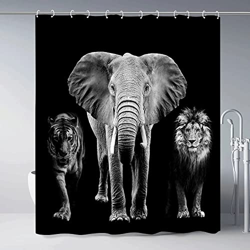 Zzysks Elephant Tiger Lion Shower Curtain Funny Wild Animal Forest Wildlife Abstract Art Black Background Polyester Fabric Bathroom Decor Curtains Set With Hooks 70Wx70H Inch #TOP1