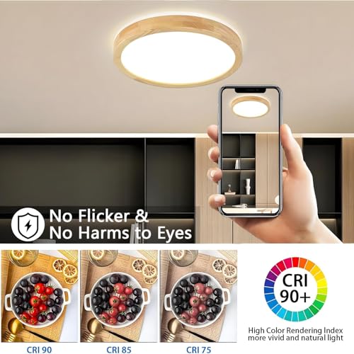 YYUTLUO LED Ceiling Light Wood, Top 360° Glow Round Natural Wooden Lamp, A:ø30cm - Warm 3000k (No Dimmable) - Image 3