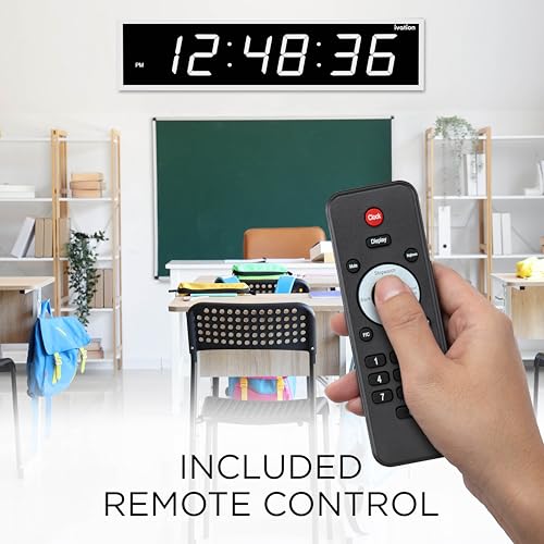 Image of Ivation 72 Inch Large LED Digital Clock with Stopwatch, Alarms, Countdown Timer and Temperature Timer, White, 6 Brightness Levels, Mounting Holes and Tools