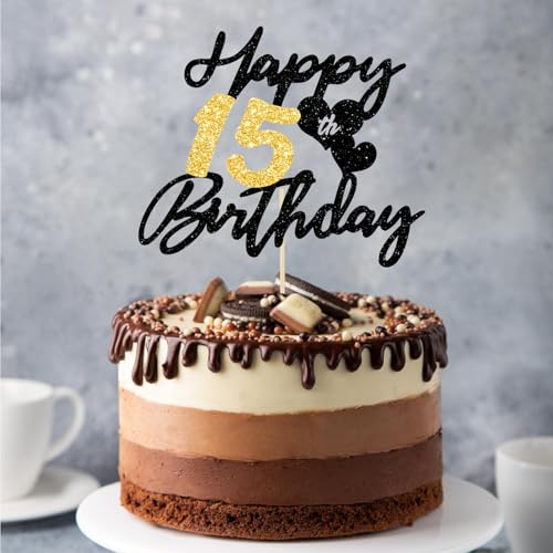 Gleevio Tortendeko 15 Geburtstag Junge Mädchen,Glitzer Kuchen Deko 15 Geburtstag Mädchen,Happy 15th Birthday Cake Topper,Alles Gute zum Geburtstagsdeko 15 Jahre,Torten Deko 15 Jahre Junge Schwarz Gold
