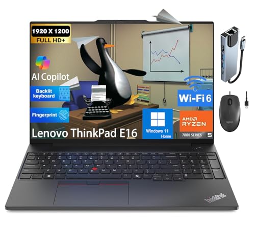 Image of Lenovo ThinkPad E16 Business Laptop, 16 inch WUXGA Anti-Glare Display, AMD Ryzen 5 7530U(> i7-1165G7,Up to 4.5GHz), 40GB RAM, 2TB SSD, Fingerprint, Backlit, Wi-Fi 6, Windows 11 Home,RJ-45,with 5 in 1 Hub