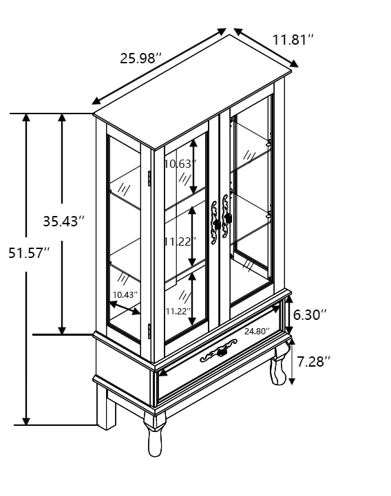 Image of 51 inch H Lighted Wooden Curio Cabinet, Glass Display Case with Tempered Glass Door, Adjustable Shelves, Storage Drawer and Mirrored Back Panel, Decorative Cabinet for Living Room,Office (Black)