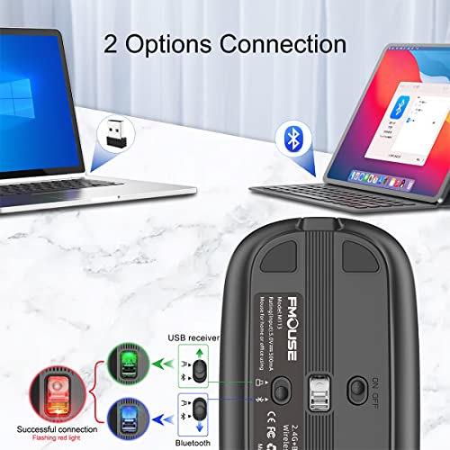 Fmouse Bluetooth Mouse For Laptop,Slim & Silent Wireless Travel Mice Usb C Rechargeable 2400 Dpi Dual Mode With Usb Receiver(Grey) #TOP1