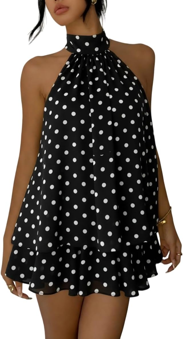 Women's Summer Halter Mini Dress Chiffon Ruffle Flowy Backless Wedding Guest Dresses Y2k Going Out Cocktail Outfits