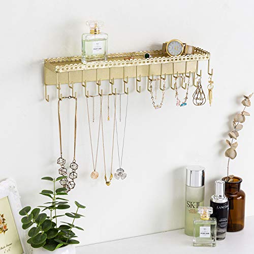 Mygift 26-Hook Gold-Tone Wall-Mounted Metal Jewelry Organizer With Display Shelf #TOP2