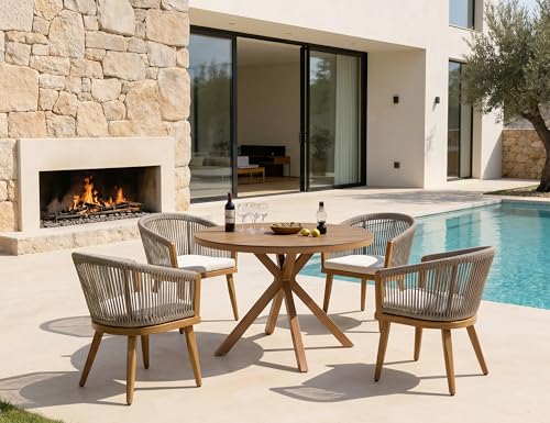 Image of PURPLE LEAF Outddor Round Dining Set for 4 with Cushions PE Rattan Teak