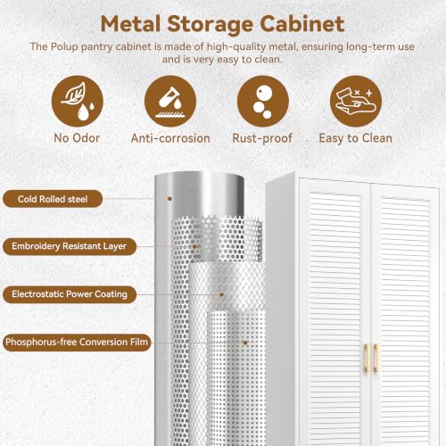 Image of Polup 75 inch Kitchen Pantry Cabinet, White Metal Storage Cabinet with Doors and 5 Adjustable Shelves, Tall Metal Pantry Cabinets, Large Cupboard for Kitchen, Dining Living Room, Bathroom, Office