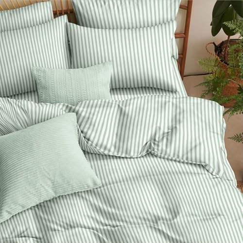 Image of Nayoroom Green Striped Duvet Cover Queen White Stripe Bedding