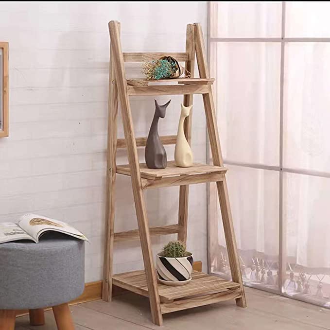 JOHN'SDECOR Ladder Shelf Bookcase Corner Display Stand Ladder Plant Holder Free Standing Shelf Wooden Foldable Ladder Shelf Plant Flower Display Shelf for Indoor Outdoor Decor (Natural, 3 Tier)