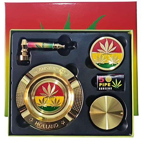 Zactly Exclusive 5 in 1 Smoker Smoking Accessories Kit 2 Collection Bundle, Tobacco Metal Ashtray, 4-Tier Crusher, Smoking Pipe, Steel Mesh/Filter and Presentable Gift Box (Amsterdam Leaves Design)
