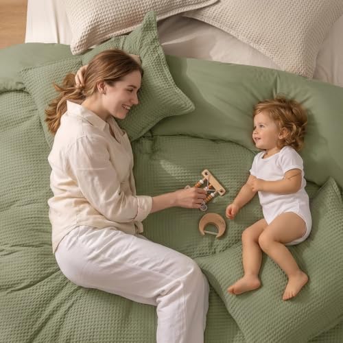 Image of PHF Waffle Weave Duvet Cover Set Queen Size, No Snagging Ultra Soft Luxury Textured Breathable Comforter Cover for All Season 3pcs, Durable Bedding Duvet Set with 2 Pillow Shams, 90 inchx90 inch, Olive Green