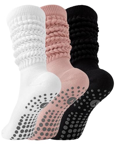 Image of Yawlsow Pilates Socks with Grips for Women Yoga Ruffle Grippy Non Slip Long Slouchy Scrunch Socks for Barre Workout Hospital