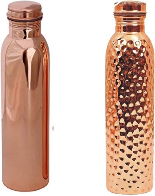 Bouteille d'eau en cuivre 1 litre, lot de 2 gourdes maison et voyage (martelée et unie)
