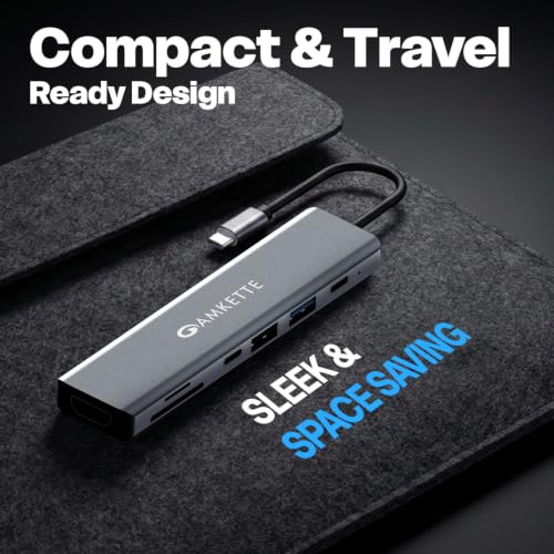 Image of Amkette 7-in-1 Type C Hub /Docking Station for Laptop, USB hub Type c with 100W Power Delivery, 4K HDMI Output, USB 3.0, USB 2.0, SD /TF Card Reader, USB c hub for MacBook, Windows Laptops